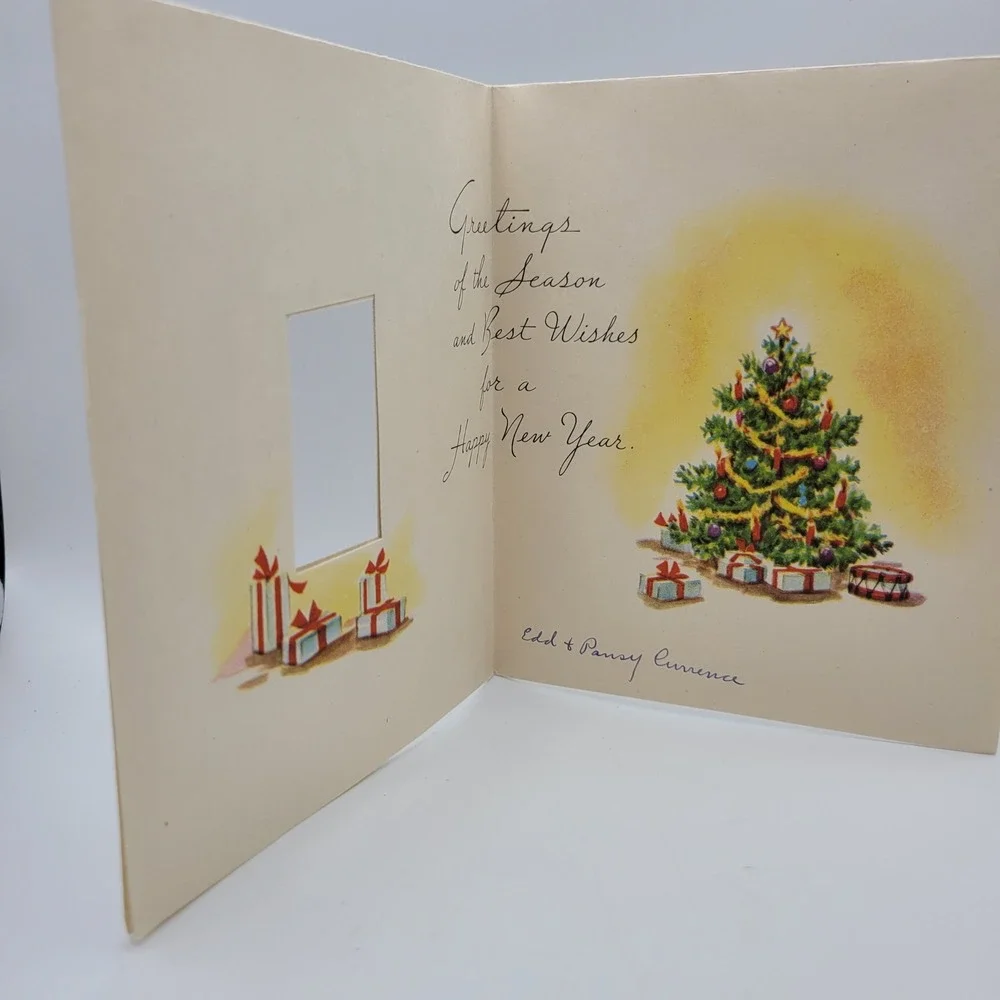 Vintage Christmas Card Season's Greetings Decorated‎ Tree Window Unused